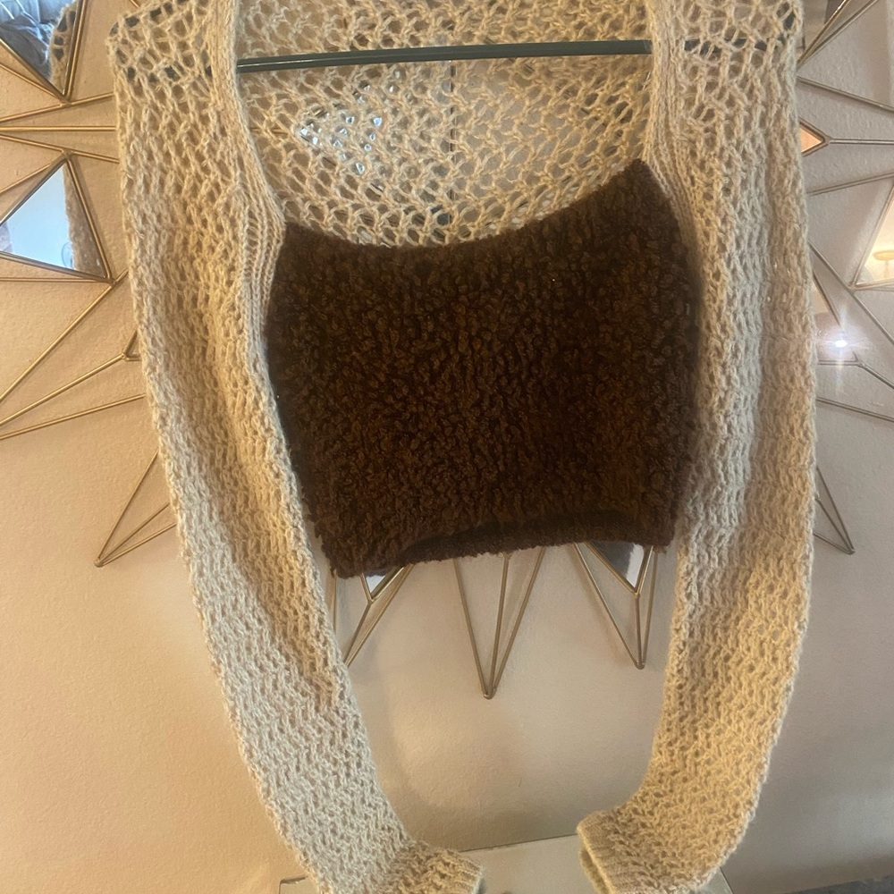 Fuzzy Brown and Cream Mesh ZARA Women's Sweater